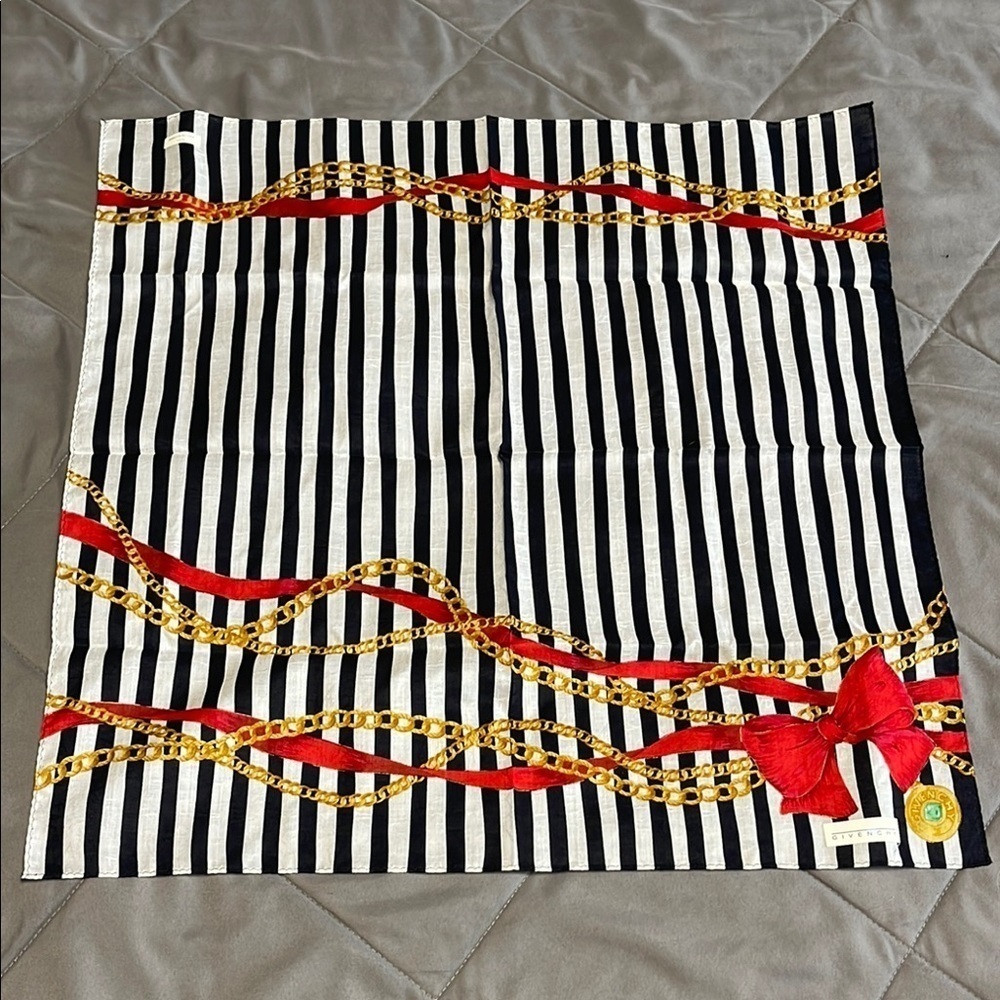 Givenchy Vintage NWT Striped Handkerchief with Red Bow and Gold Chain Design